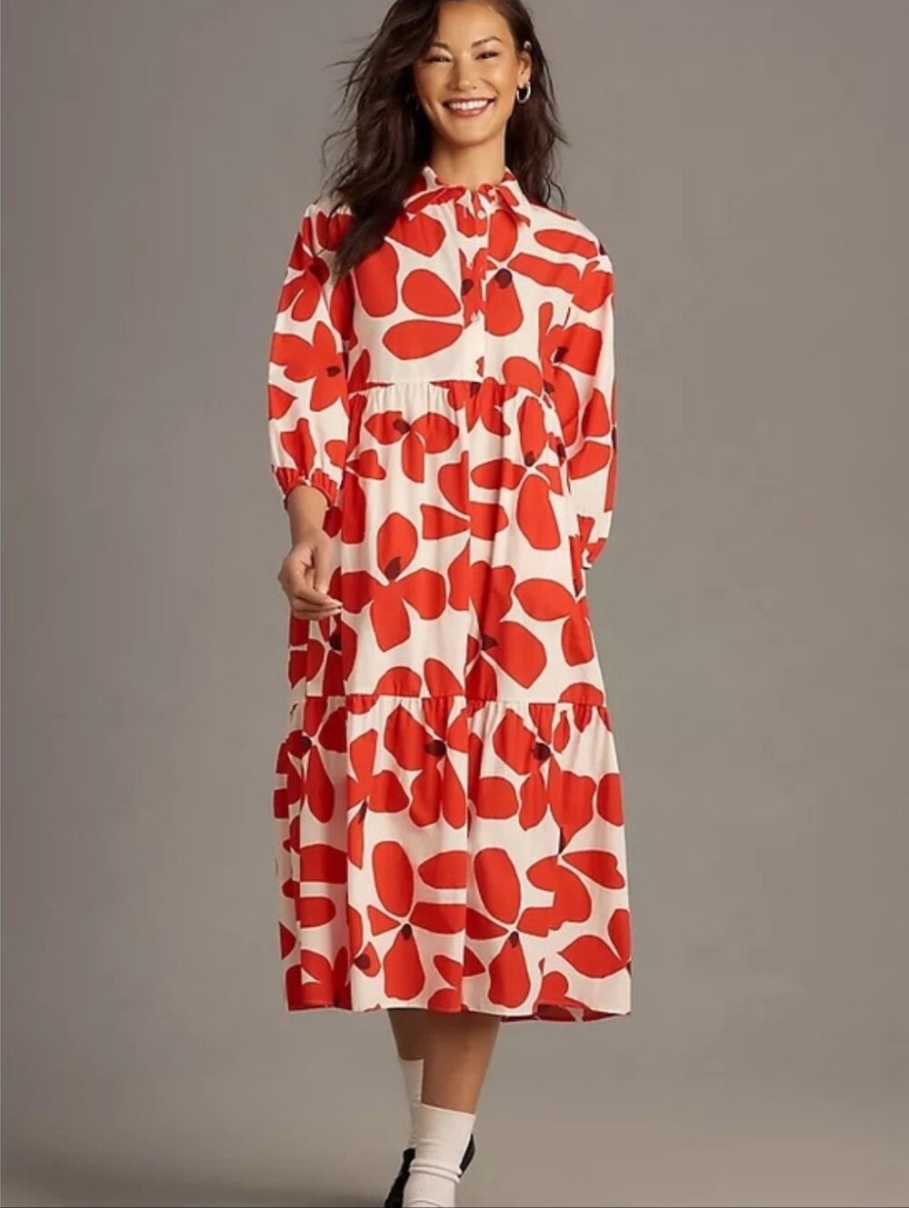 Anthropologie Maeve Bettina TieredMidi Shirt Dress Red Motif Floral Extra Large